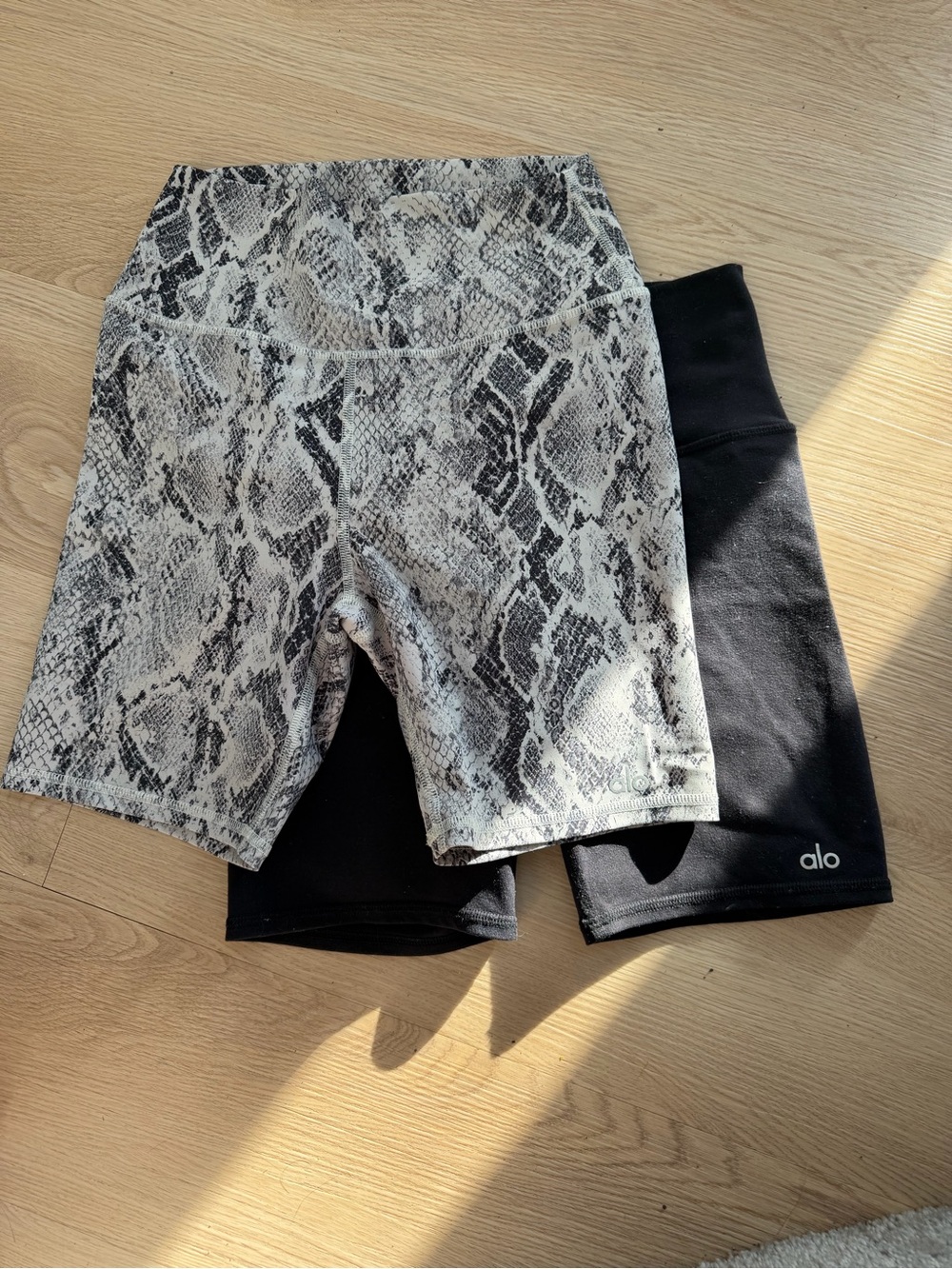 Alo Black High-Waist Bike Shorts & Snake Print Active Shorts Set